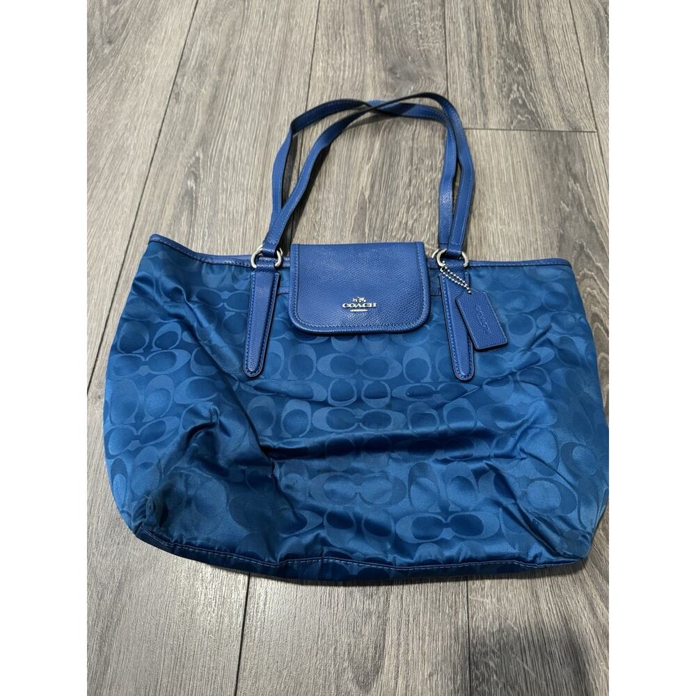 Coach 33475 Ward Signature Nylon Navy Tote Bag With Leather Handles Used